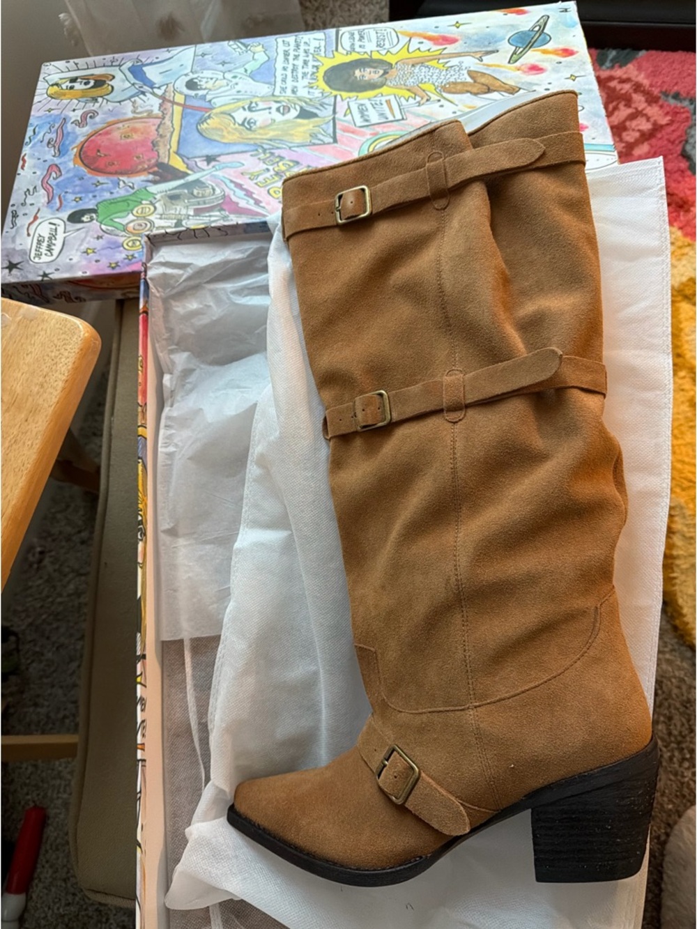 Jeffrey Campbell Tan Suede Slouch Buckled Mid-Calf Boots 🔥 Size 9 - Picture 4 of 5